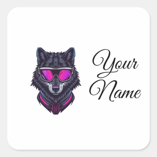 Sticker Carré Cyberpunk Wolf Neon Art Personalizable Name Mug -  (Devant)