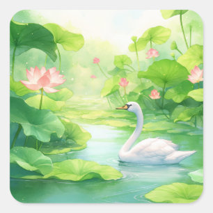 Sticker Carré Cygne blanc gracieux dans un étang de lys ensoleil