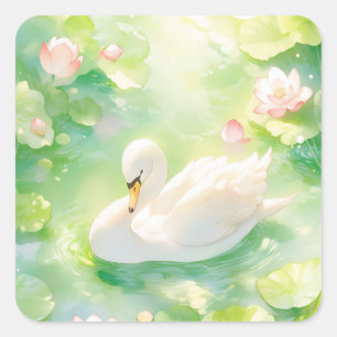 Sticker Carré Cygne blanc gracieux dans un étang de lys magique
