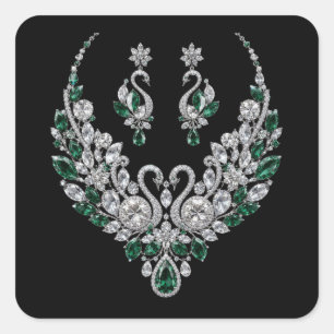 Sticker Carré Cygnes de cristal d'émeraude   Bijoux de luxe