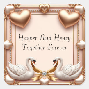 Sticker Carré Cygnes de mariage en or rose avec anneaux
