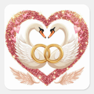 Sticker Carré Cygnes de mariage romantiques avec anneaux en or
