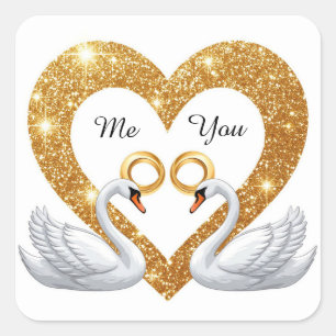 Sticker Carré Cygnes de mariage romantiques avec anneaux en or