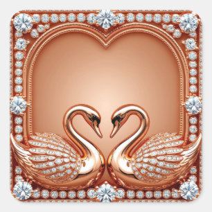 Sticker Carré Cygnes en or rose diamant coeur orné amour romanti
