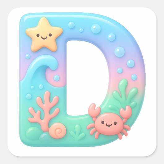 Sticker Carré "D" Cute Bubble Letter - Underwater Sea Creature A (Devant)