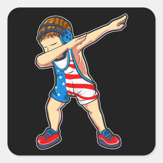Sticker Carré Dabbing Wrestler Boy Wrestler US Drapeau (Devant)
