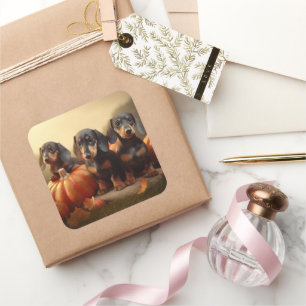 Sticker Carré Dachshund Chiot Automne Citrouille de plaisir