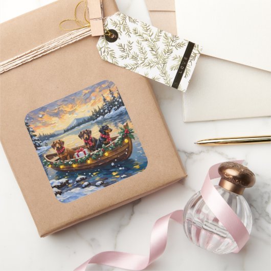 Sticker Carré Dachshund Christmas Boat Holiday (Cadeaux)