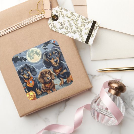 Sticker Carré Dachshund Halloween Éffrayant (Cadeaux)