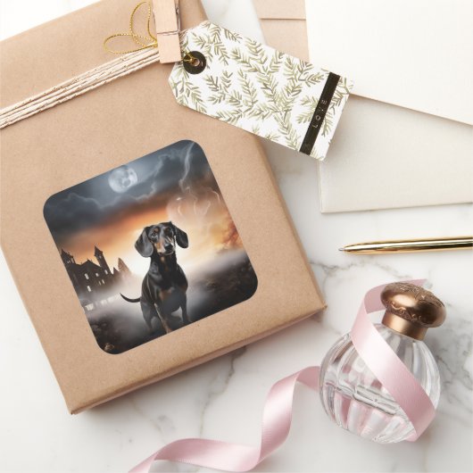 Sticker Carré Dachshund Halloween effroi (Cadeaux)