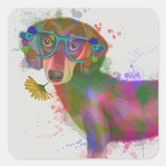 Sticker Carré Dachshund & Lunettes Rainbow Splash (Devant)