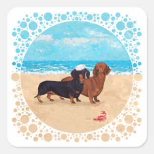 Sticker Carré Dachshunds à la plage
