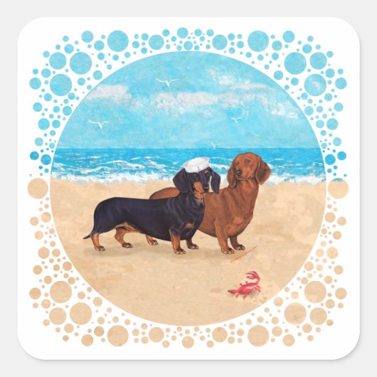 Sticker Carré Dachshunds à la plage (Devant)
