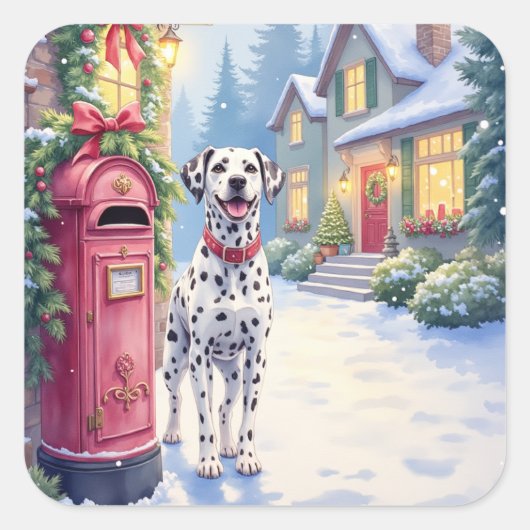 Sticker Carré Dalmatian Festive Mailbox Christmas Art (Devant)