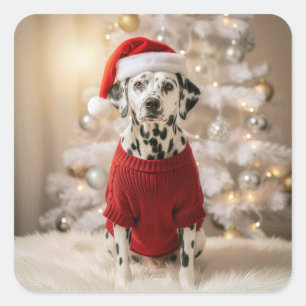 Sticker Carré Dalmatien de Noël dans un pull rouge