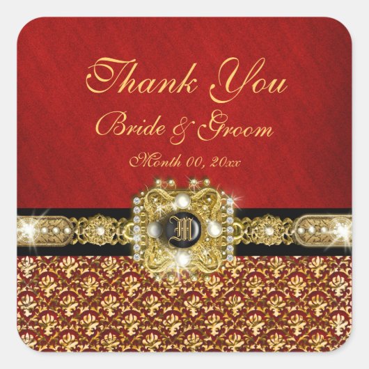 Sticker Carré damas "Merci" en or rouge noir (Devant)