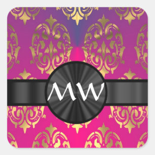 Sticker Carré Damas or et rose violet