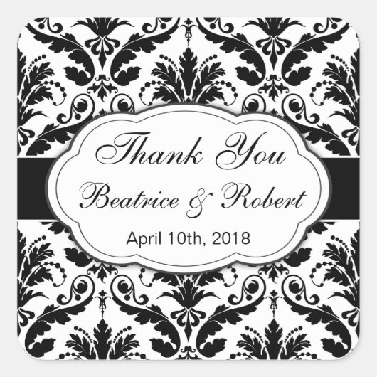Sticker Carré Damask noir, blanc Merci Mariage (Devant)