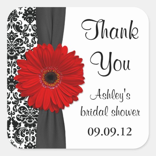 Sticker Carré Damask Red Daisy Mariage Fête des mariées Merci (Devant)