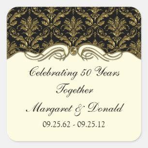 Sticker Carré Damask Vintage Noir et Or 50e Anniversaire