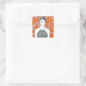 Sticker Carré Dame aux fleurs roses - Orange (Sac)