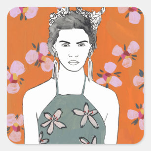 Sticker Carré Dame aux fleurs roses - Orange