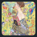 Sticker Carré Dame avec ventilateur par Gustav Klimt, Japonisme<br><div class="desc">Lady with Fan (1918) de Gustav Klimt est une peinture vintage de l'époque victorienne Symbolisme portrait d'art. Une belle brune tenant un fan oriental. L'arrière - plan à thème japonais à fleurs dorées est rempli de fleurs exotiques florissantes, de paons et d'autres oiseaux aux ailes étirées. À propos de l'artiste...</div>