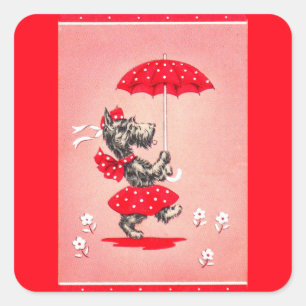 Sticker Carré Dame de chien écossaise portant un parapluie