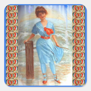 Sticker Carré Dame victorienne des années 1890 sur la plage