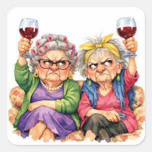 Sticker Carré Dames âgées excentriques avec du vin rouge