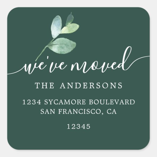 Sticker Carré Dark Green Eucalyptus We’ve Moved New Address (Devant)