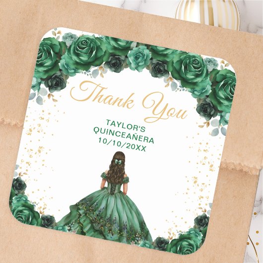 Sticker Carré Dark Green Princess Quinceañera Thank You