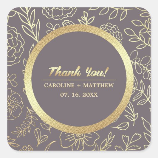 Sticker Carré Dark Mocha or Mariage Floral Merci (Devant)