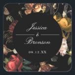 Sticker Carré Dark Moody Romantic Floral Néerlandais Mariage<br><div class="desc">Parfait pour les faveurs ou les kits de bienvenue. Customisez le texte et déplacez ou mettez à l'échelle le cercle et les flancs selon vos besoins. Les couleurs circulaire et arrière - plan sont modifiables.</div>