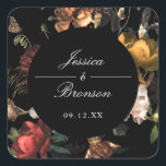 Sticker Carré Dark Moody Romantic Floral Néerlandais Mariage<br><div class="desc">Parfait pour les faveurs ou les kits de bienvenue. Customisez le texte et déplacez ou mettez à l'échelle le cercle et les flancs selon vos besoins. Les couleurs circulaire et arrière - plan sont modifiables.</div>