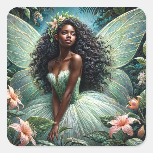 Sticker Carré Dark-Skinned Fairy In Mint Green Botanical (Devant)