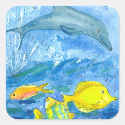 Sticker Carré Dauphin Jaune Tang Poisson Tropical (Devant)