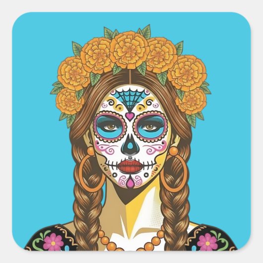 Sticker Carré Day of the Dead Marigold Catrina (Devant)