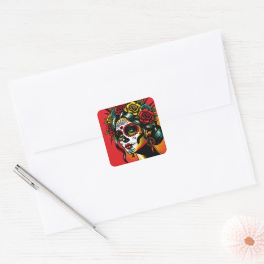 Sticker Carré Day of the dead Mexican Catrina Roses (Enveloppe)