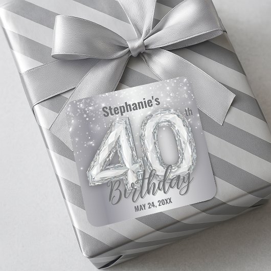 Sticker Carré  Dazzling Silver Sparkling Diamond 40th Birthday 