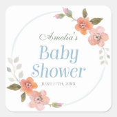 Sticker Carré de Baby shower bleu floral délicat (Devant)