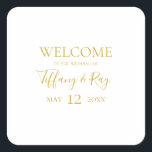 Sticker Carré de bienvenue Mariage or simple et él<br><div class="desc">Cet autocollant simple et élégant mariage d'accueil carré est parfait pour votre mariage moderne minimaliste blanc et or. Le design comporte une police d'or contemporaine minimale accompagnée d'une calligraphie formelle. Gardez-le tel quel,  ou choisissez de le personnaliser avec vos propres oeuvres d'art ou photos !</div>