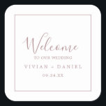 Sticker Carré de bienvenue pour Mariage d'or Rose<br><div class="desc">Ces stickers de mariage d'or minimaux roses sont parfaits pour un mariage simple. Le design romantique moderne est composé d'or rose classique et de typographie blanche associée à une calligraphie rustique mais élégante avec un style vintage lettré à la main. Personnalisable dans n'importe quelle couleur. Gardez le design simple et...</div>