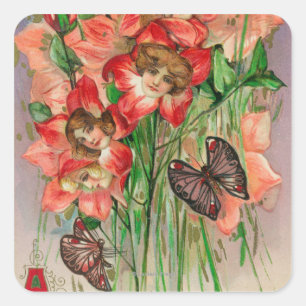 Sticker Carré De Joyeuses Pâques avec les fleurs principales de