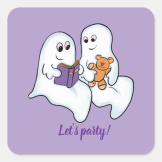 Sticker Carré De mignons fantômes lisant ensemble à Halloween
