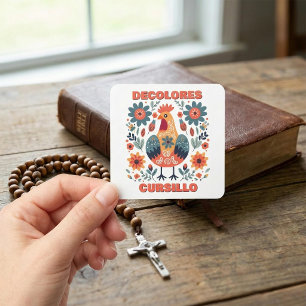 Sticker Carré DeColores Cursillo Coq Art Populaire Floral Orange