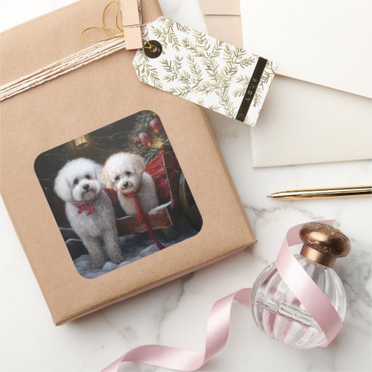 Sticker Carré Décor de Noël Bichon Frise Snowy Sleigh (Cadeaux)
