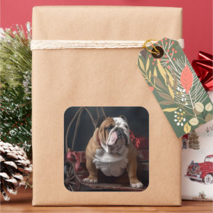 Sticker Carré Décor de Noël Bulldog Snowy Sleigh