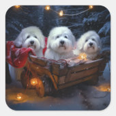 Sticker Carré Décor de Noël Coton De Tulear Snowy Sleigh (Devant)