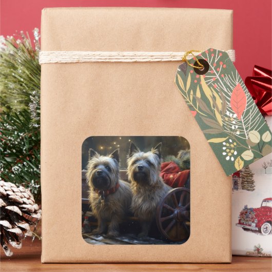 Sticker Carré Décor de Noël de Cairn Terrier Snowy Sleigh (vacances)